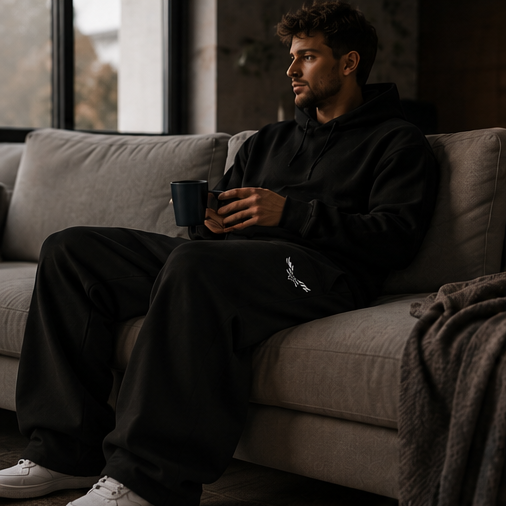 Man wearing Respire Alpine Sweats while sitting on a couch and holding a mug.