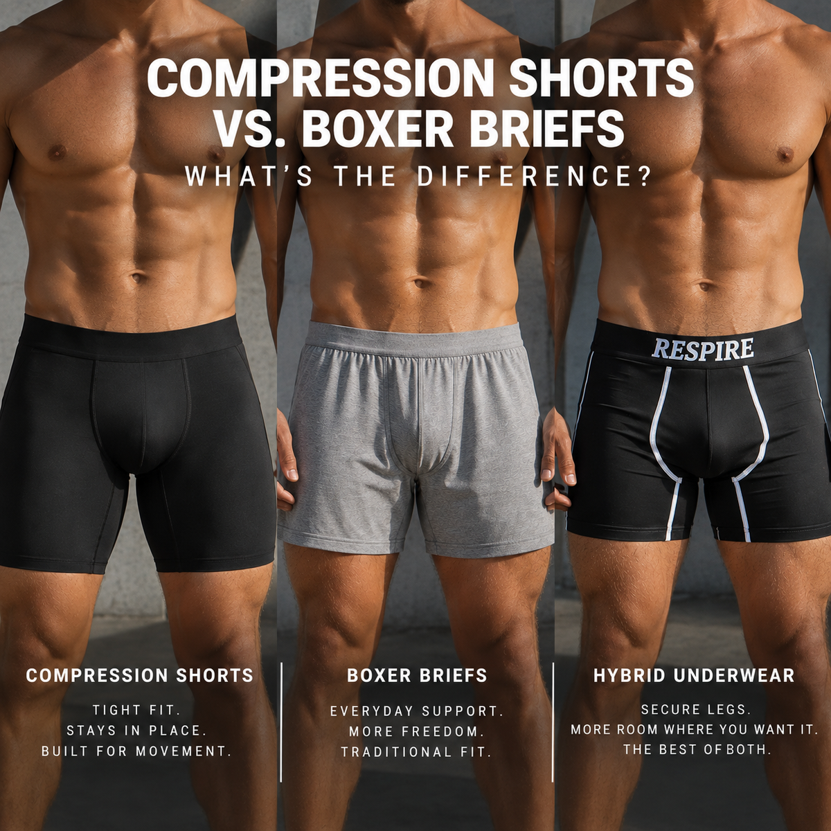 Compression shorts vs boxer briefs vs Respire hybrid underwear fit comparison