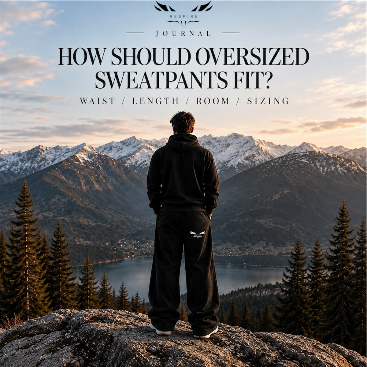 Person wearing oversized sweatpants overlooking mountain scenery