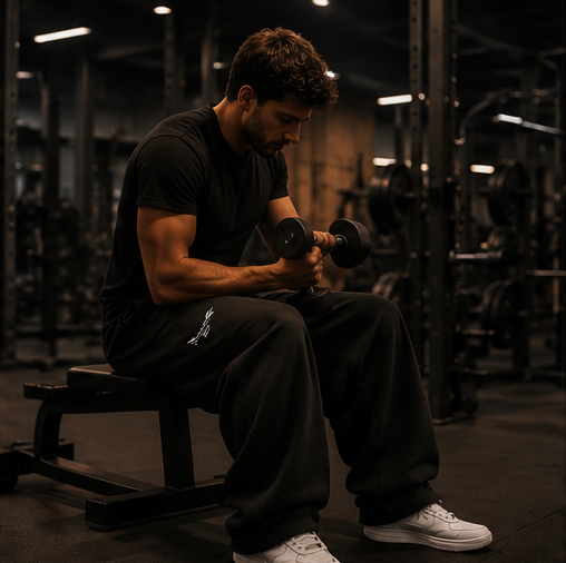 A man working out in a gym, wearing Respire Alpine Sweats and lifting dumbbells, focusing on heavy weight training.