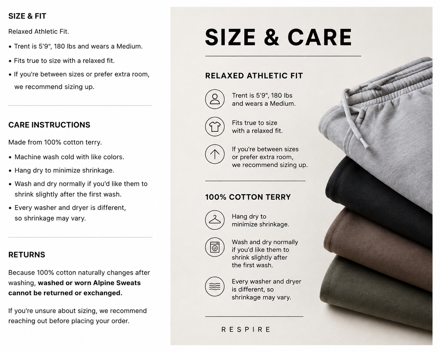 Respire Alpine Sweats size and care instructions with relaxed athletic fit and 100% cotton terry information.