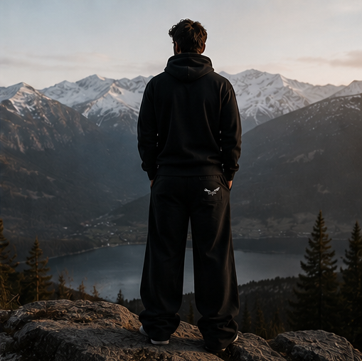 Person wearing Respire Alpine Sweats overlooking a mountain lake at sunset, showcasing comfort and relaxation.