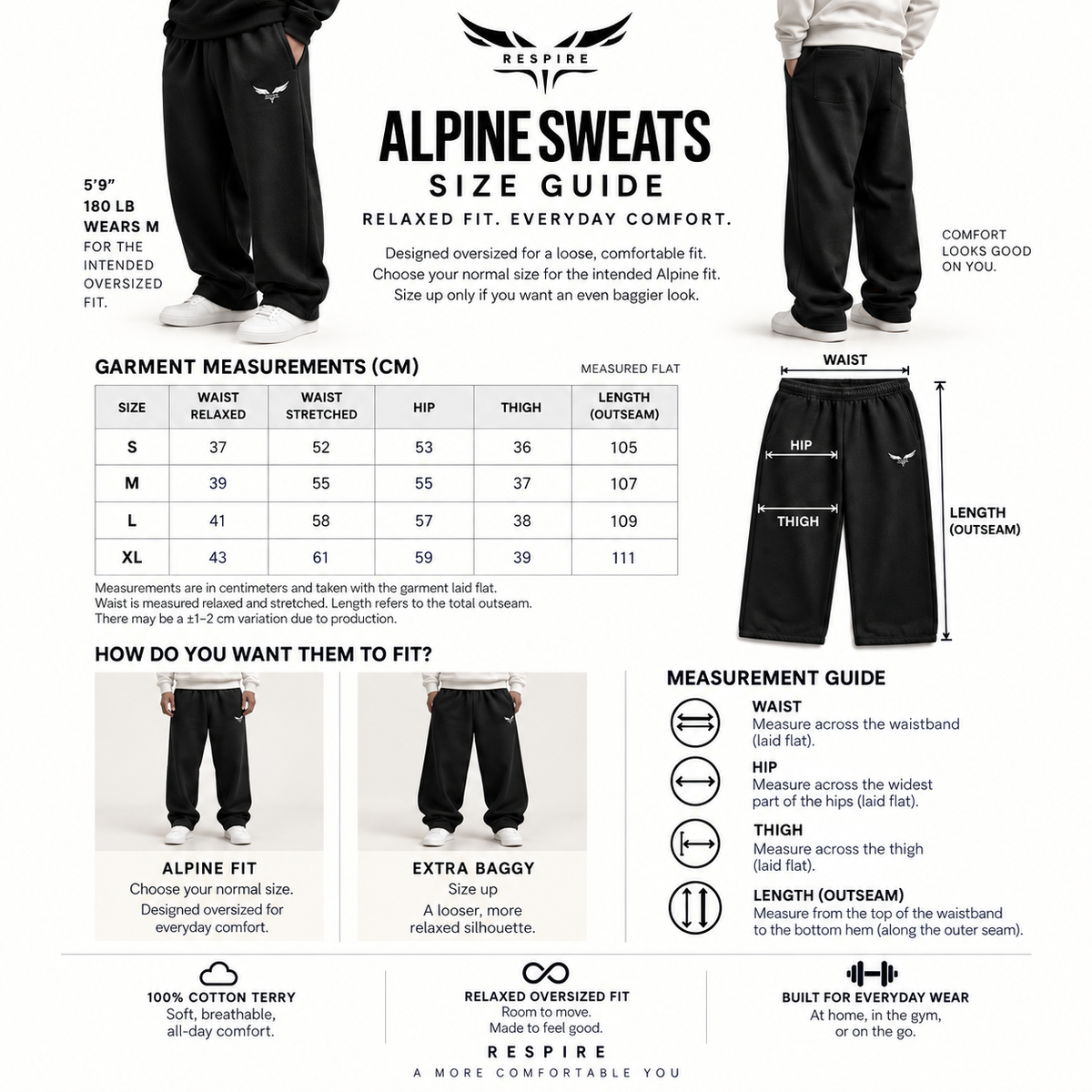 Respire Alpine Sweats size guide with garment measurements and fit guidance