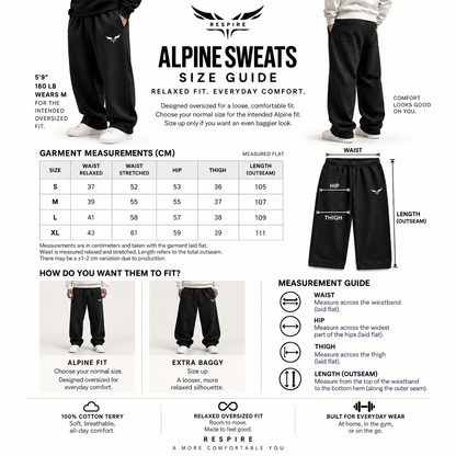 Respire Alpine Sweats size guide with garment measurements and fit guidance